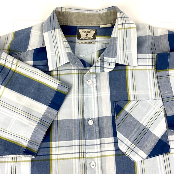 Volcom Short Sleeve Shirt Men's L Corpo Class Plaid Blue Pocket Light Blue - Picture 1 of 7